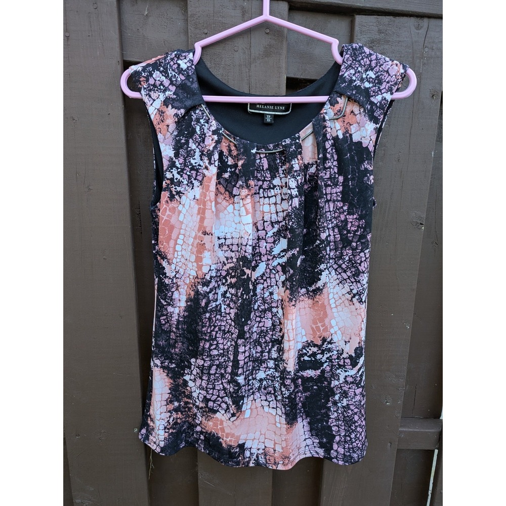 MELANIE‎ LYNE Snake Print Top Sleeves Blouse With Neck Chain Accent Size XS EUC